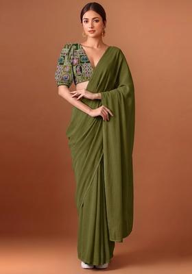 Mehendi Green Printed Crepe Pre Draped Saree Set