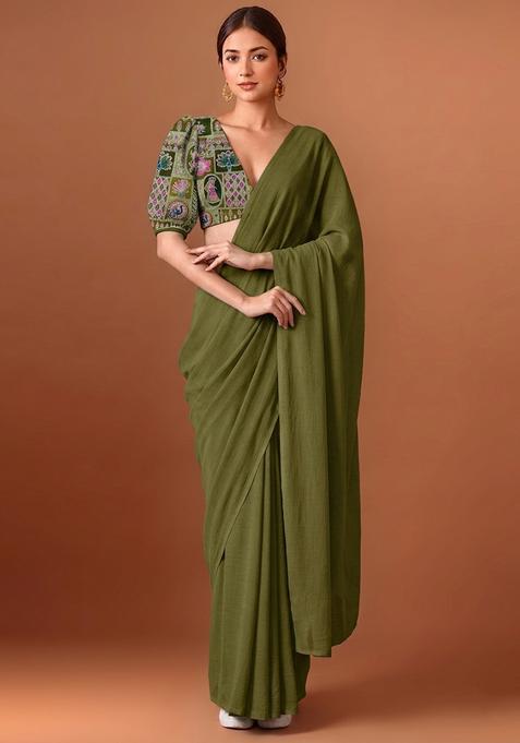 Mehendi Green Printed Crepe Pre Draped Saree Set