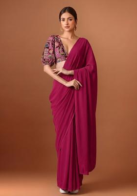 Rani Pink Printed Crepe Pre Draped Saree Set