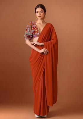 Rust Orange Printed Crepe Pre Draped Saree Set