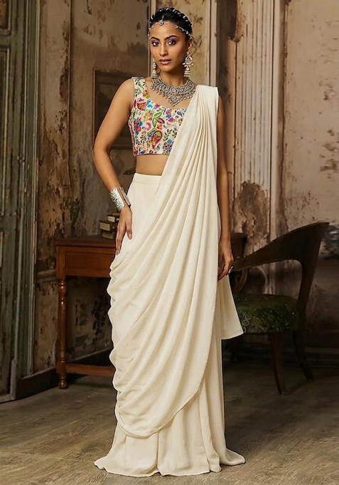 Off White Printed Crepe Pre Draped Saree Set