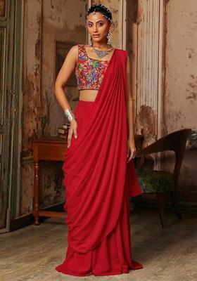 Maroon Printed Crepe Pre Draped Saree Set