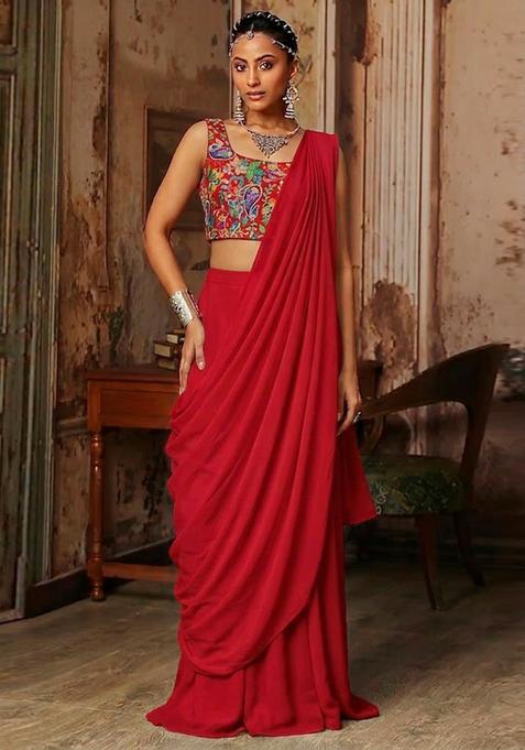 Maroon Printed Crepe Pre Draped Saree Set