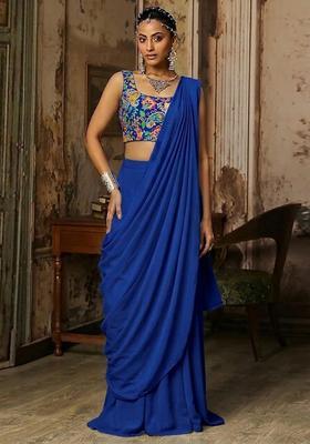 Royal Blue Printed Crepe Pre Draped Saree Set