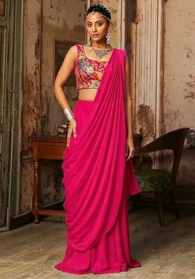 Rani Pink Printed Crepe Pre Draped Saree Set