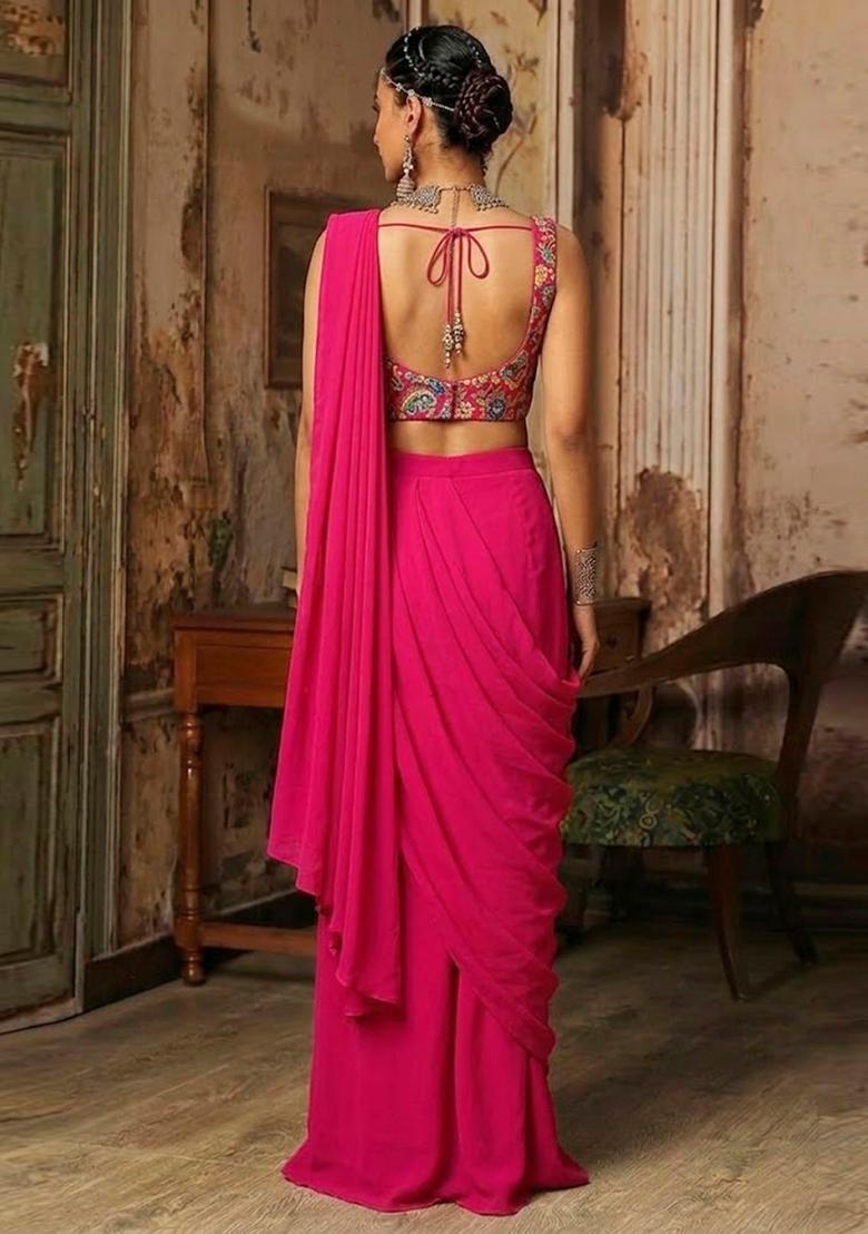 Rani Pink Printed Crepe Pre Draped Saree Set - Indya