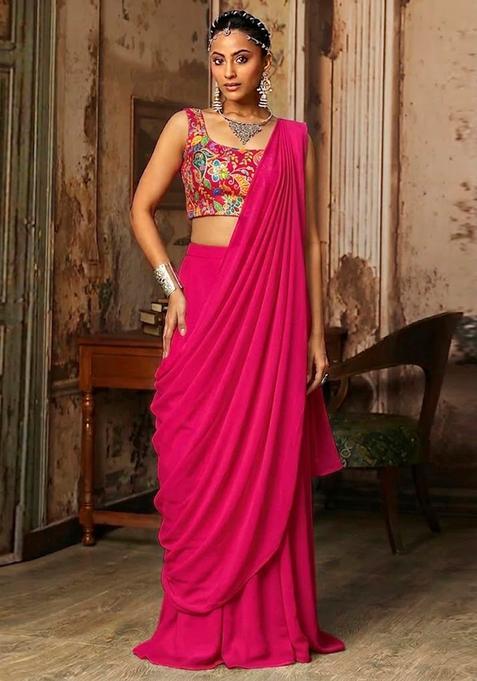 Rani Pink Printed Crepe Pre Draped Saree Set