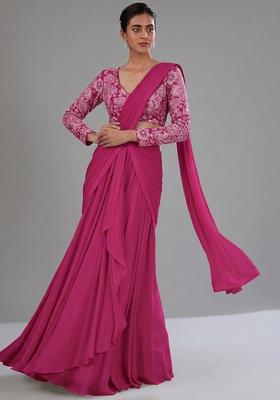 Rani Pink Printed Crepe Pre Draped Saree Set