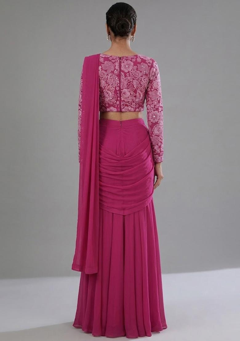 Rani Pink Printed Crepe Pre Draped Saree Set - Indya