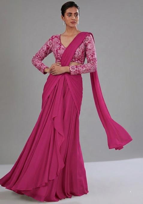 Rani Pink Printed Crepe Pre Draped Saree Set