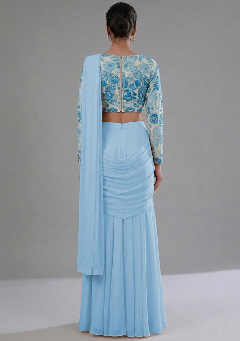 Cream Printed Crepe Pre Draped Saree Set - Indya
