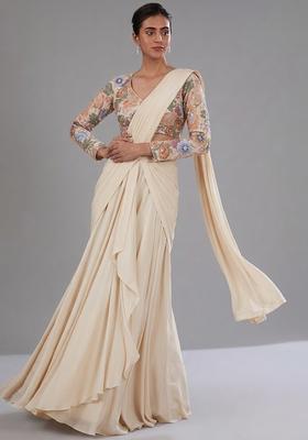 Cream Printed Crepe Pre Draped Saree Set