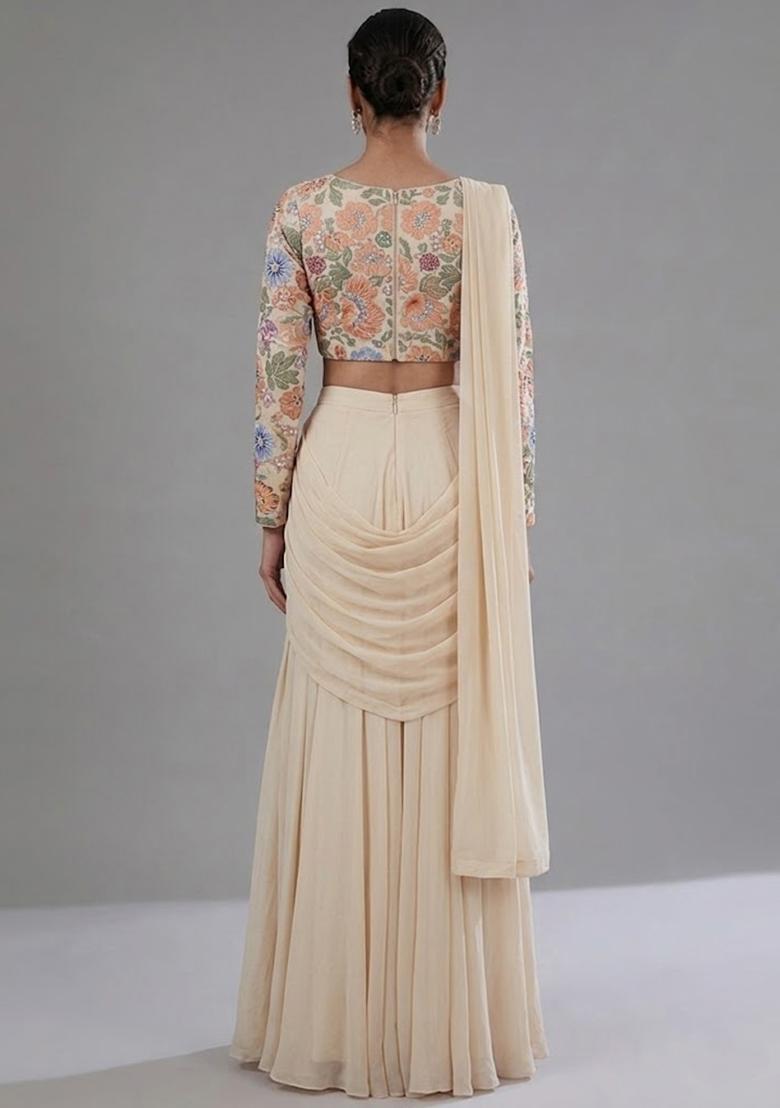Cream Printed Crepe Pre Draped Saree Set - Indya