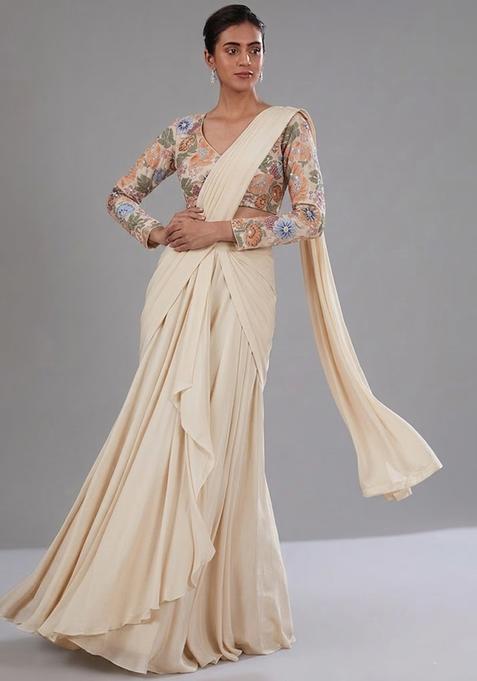Cream Printed Crepe Pre Draped Saree Set