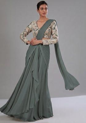 Sage Green Printed Crepe Pre Draped Saree Set