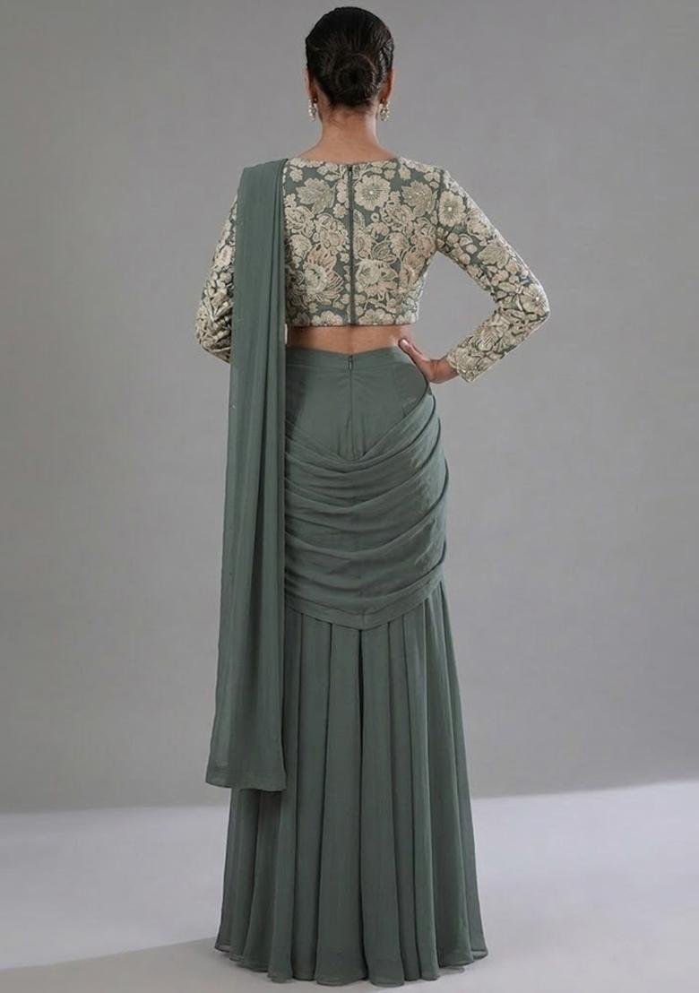 Sage Green Printed Crepe Pre Draped Saree Set - Indya