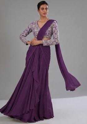 Royal Purple Printed Crepe Pre Draped Saree Set
