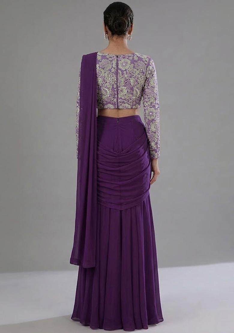 Royal Purple Printed Crepe Pre Draped Saree Set - Indya