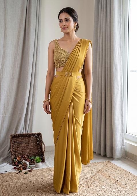 Mustard Yellow Handwork Pre Draped Saree Set