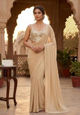Sand Beige Handwork Pre Draped Saree Set