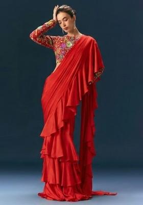 Red Printed Crepe Fusion Set