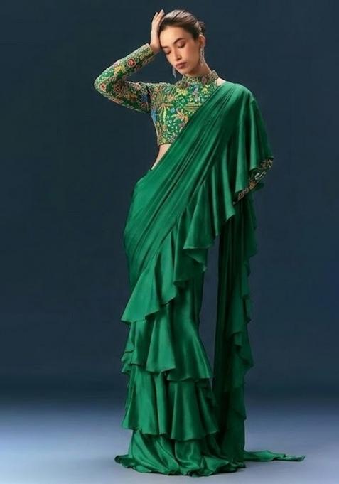 Emerald Green Printed Crepe Pre Draped Saree Set