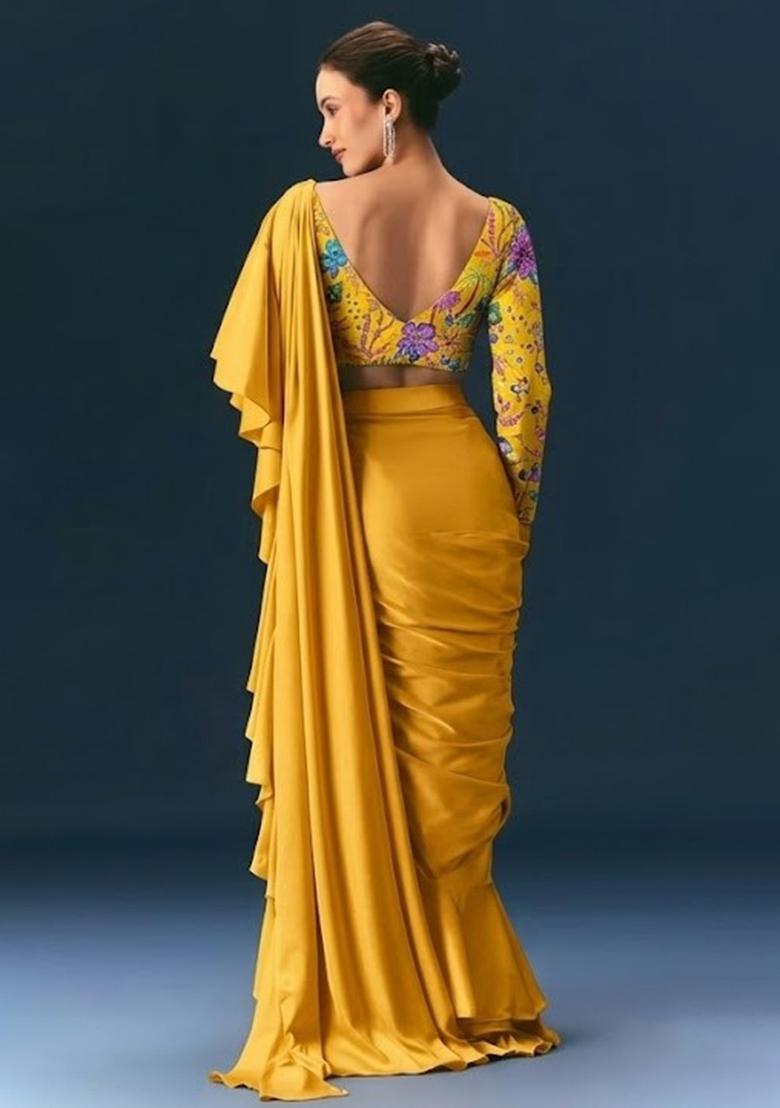 Mustard Yellow Printed Crepe Pre Draped Saree Set - Indya