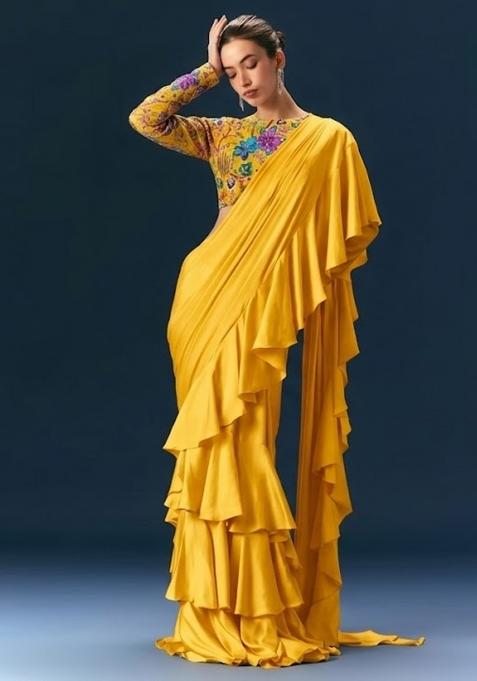 Mustard Yellow Printed Crepe Pre Draped Saree Set