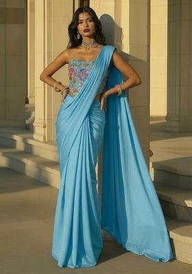 Sky Blue Printed Poly Blend Pre Draped Saree Set