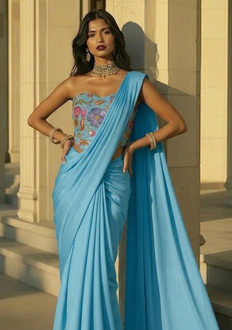 Sky Blue Printed Poly Blend Pre Draped Saree Set - Indya