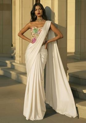 Off White Printed Poly Blend Pre Draped Saree Set