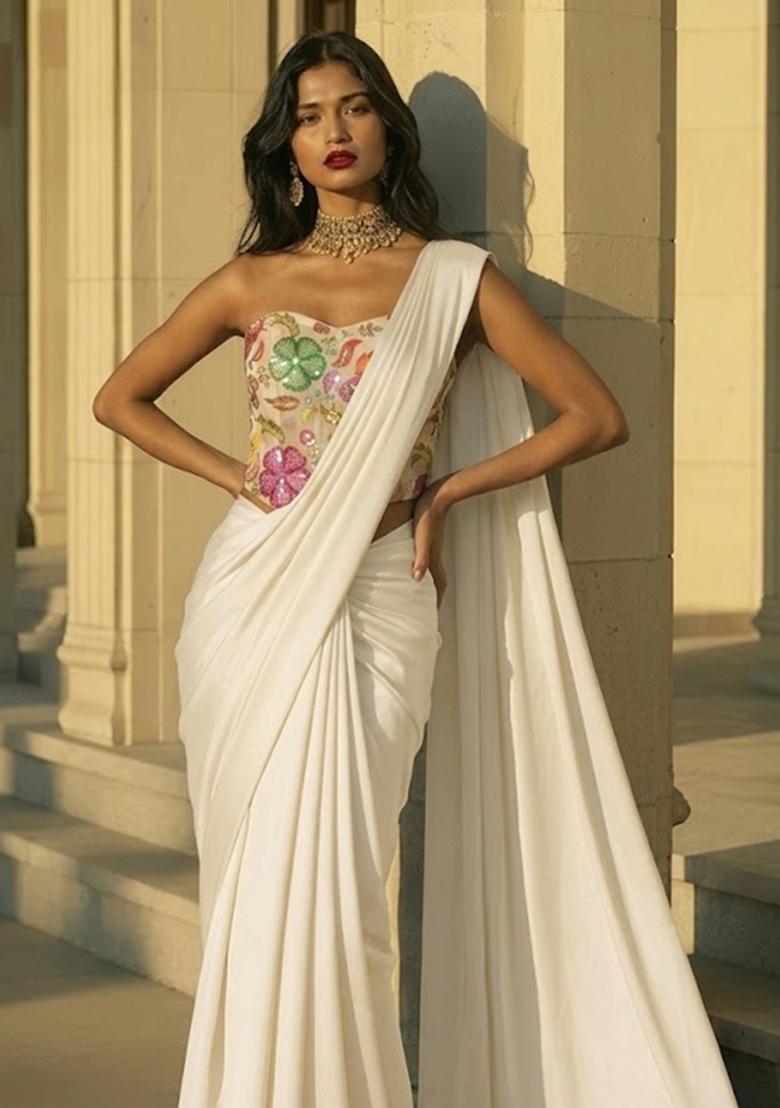 Off White Printed Poly Blend Pre Draped Saree Set - Indya