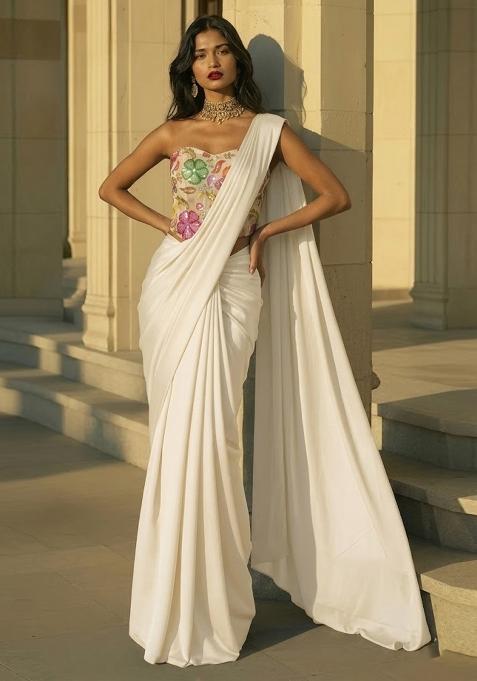 Off White Printed Poly Blend Pre Draped Saree Set