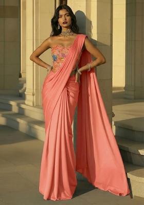 Coral Peach Printed Poly Blend Pre Draped Saree Set