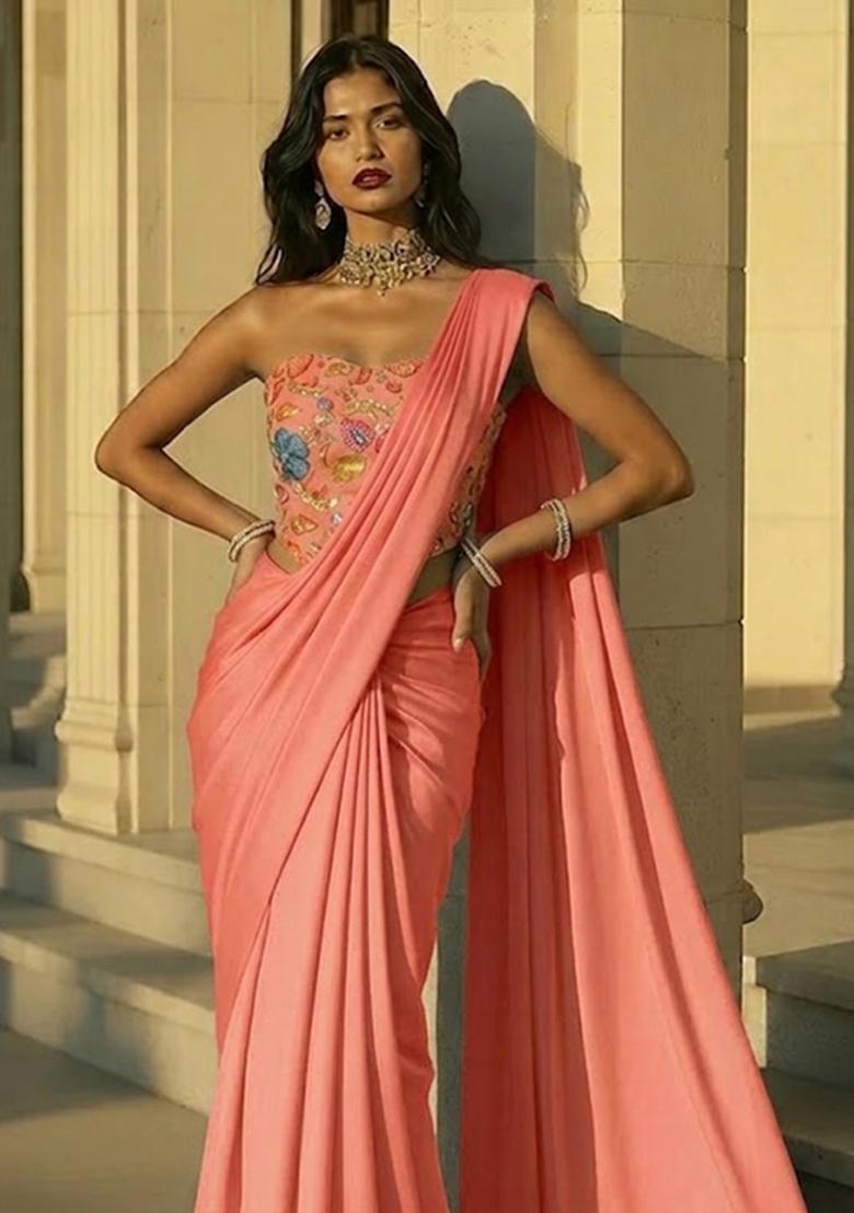 Coral Peach Printed Poly Blend Pre Draped Saree Set - Indya