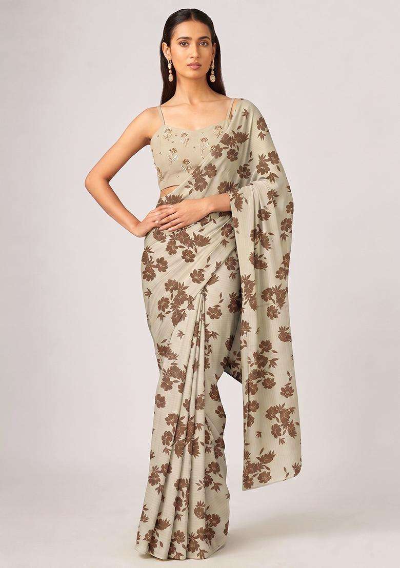 Beige Printed Pre Draped Saree Set - Indya