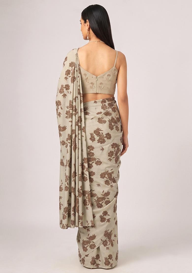 Beige Printed Pre Draped Saree Set - Indya