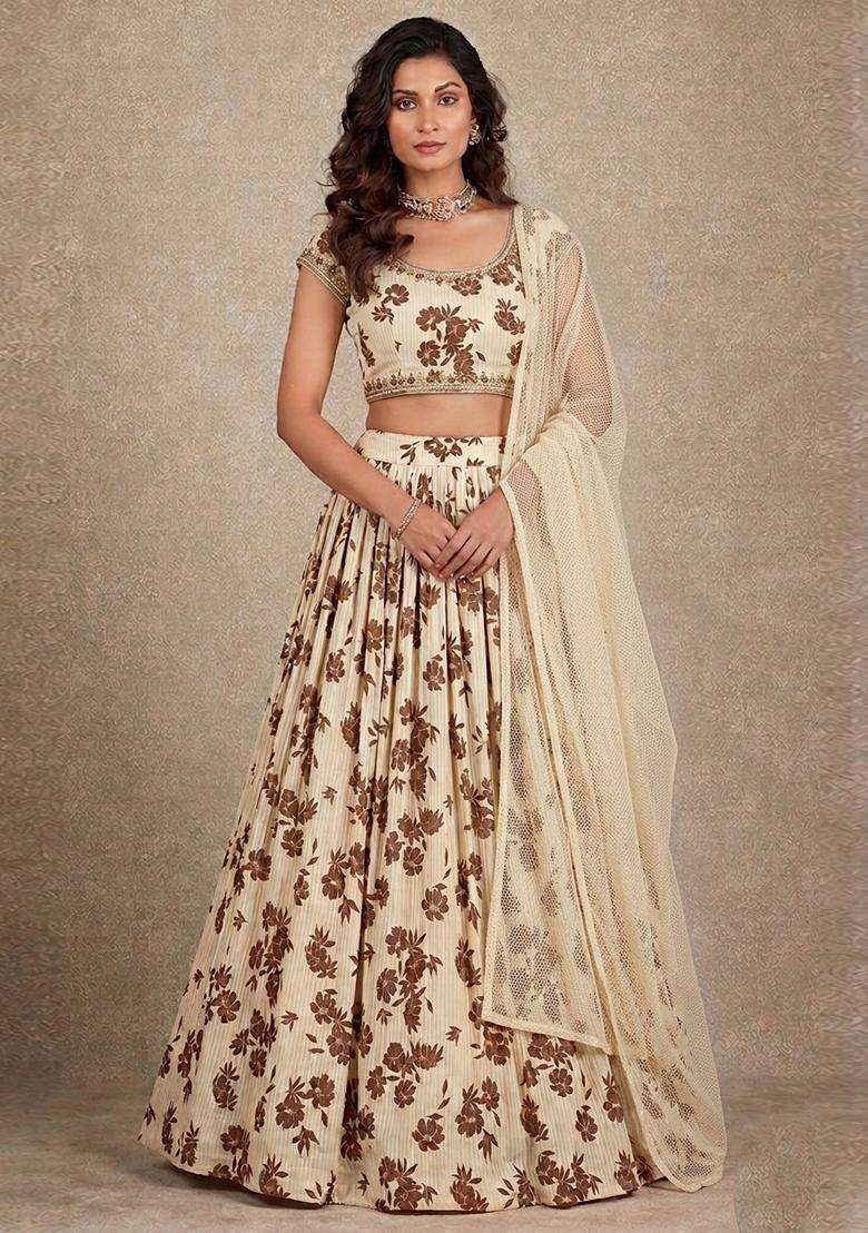 Off White Cream Printed Lehenga Set - Indya