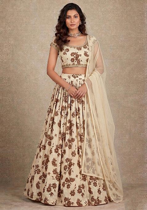 Off White Cream Printed Lehenga Set