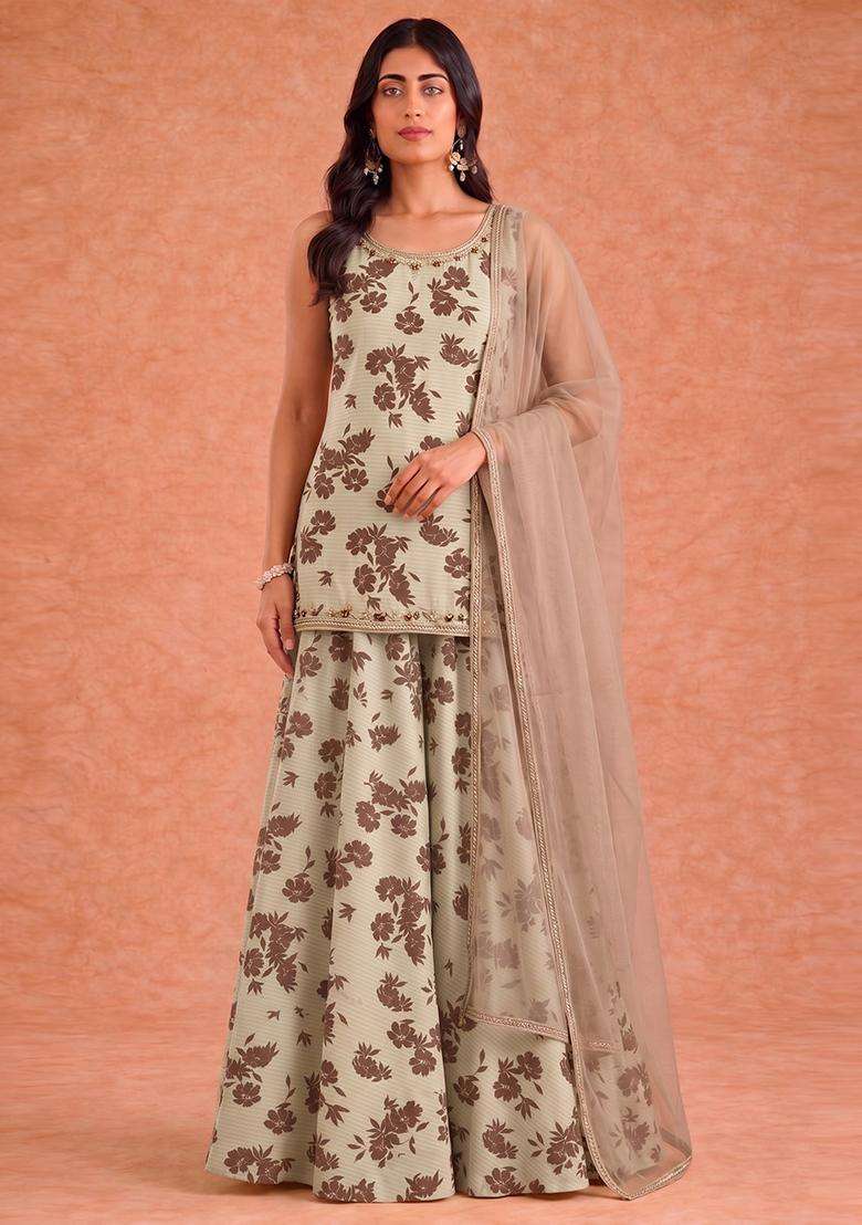 Mint Sage Green Printed Sharara Set - Indya