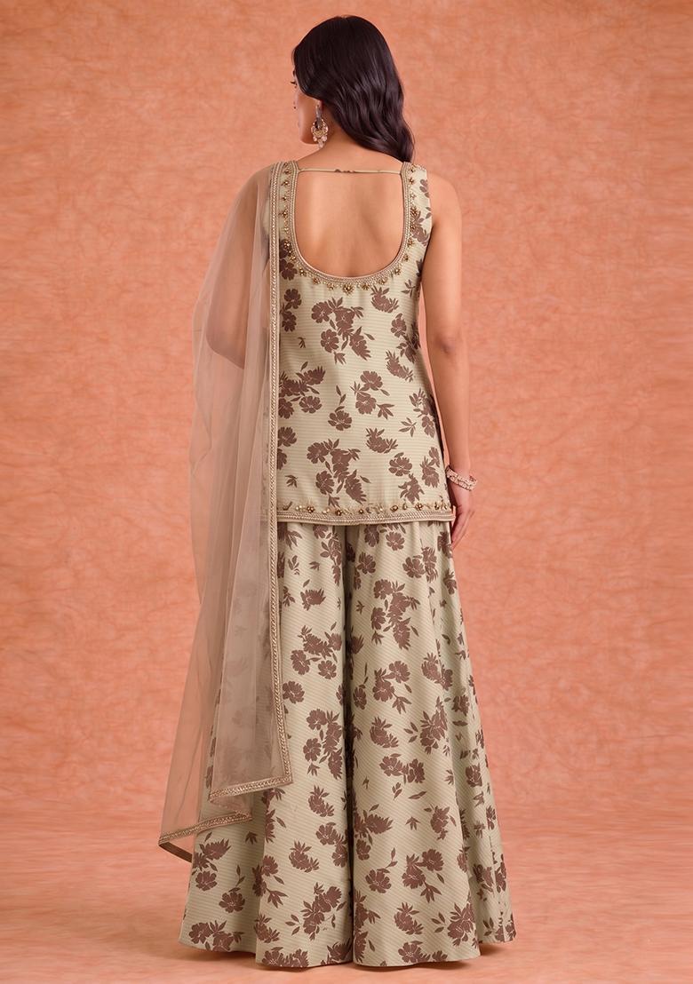 Mint Sage Green Printed Sharara Set - Indya
