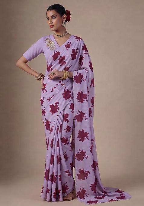 Lavender Purple Printed Pre Draped Saree Set