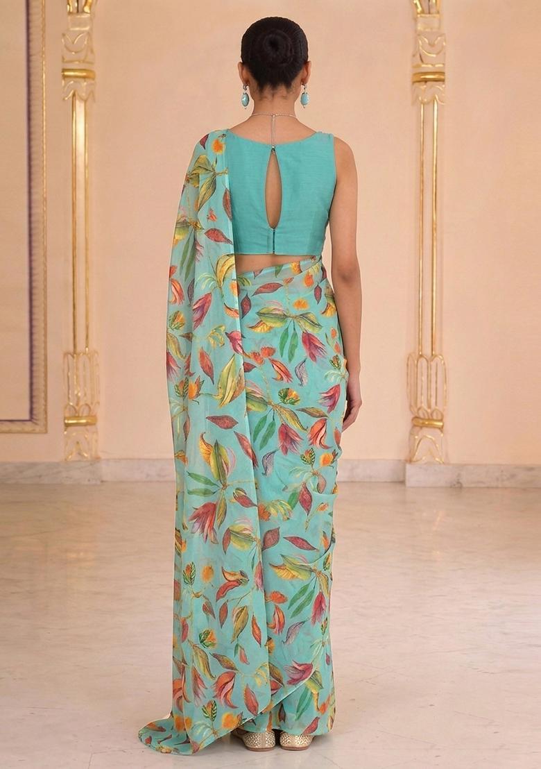Sky Turquoise Blue Printed Pre Draped Saree Set - Indya