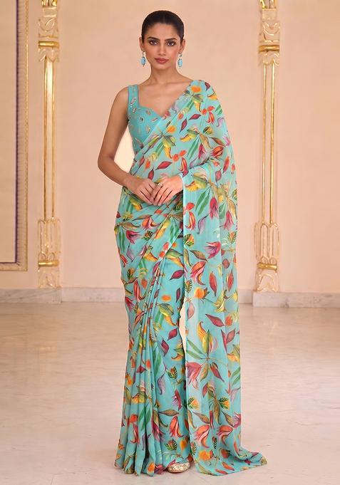 Sky Turquoise Blue Printed Pre Draped Saree Set