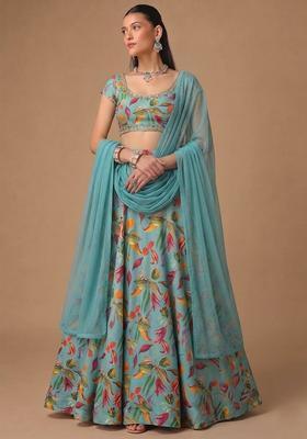 Sky Turquoise Blue Printed Lehenga Set