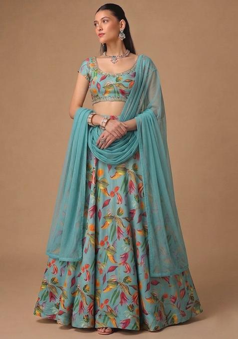 Sky Turquoise Blue Printed Lehenga Set