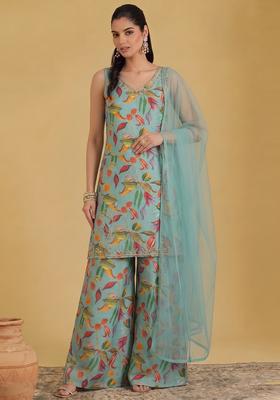 Sky Turquoise Blue Printed Sharara Set