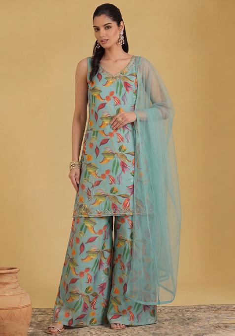 Sky Turquoise Blue Printed Sharara Set