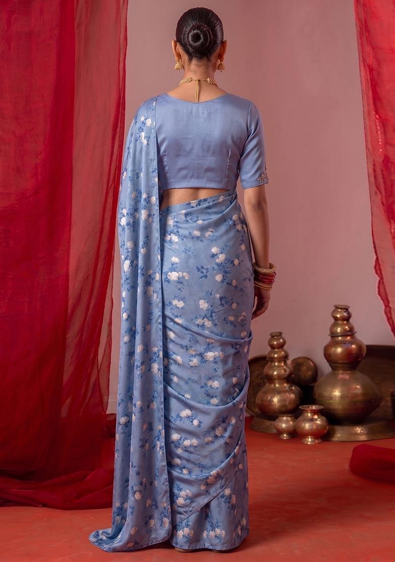Steel Blue Printed Pre Draped Saree Set - Indya
