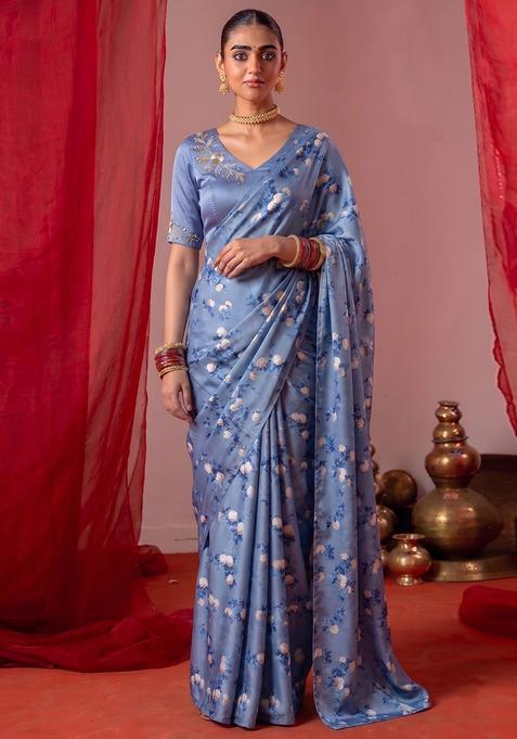 Steel Blue Printed Pre Draped Saree Set